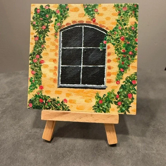 Mini Canvas Painting - Window with Vines and Roses - Picture 1 of 1